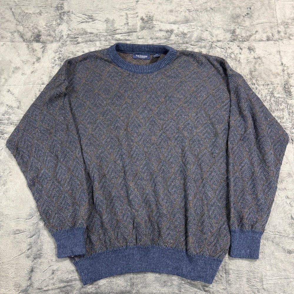 Van Heusen Mens Large Blue Green‎ Textured Diamond Knit Crewneck Sweater
